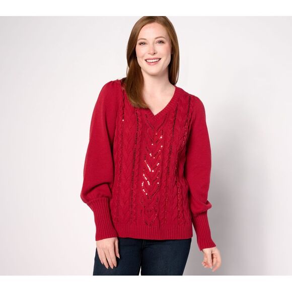Belle by Kim Gravel Women's Top Plus Sz Sweater 2X Sparkling Sequin Red A624271 - Picture 1 of 4